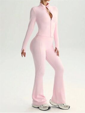 High-Rise Pink Flared Pants & Zip-Front Top Set